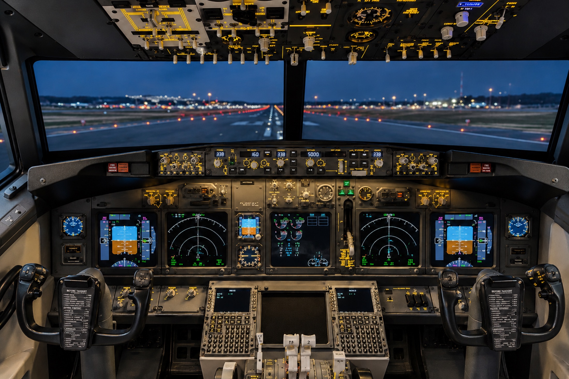 B737NG flight simulator cockpit at night